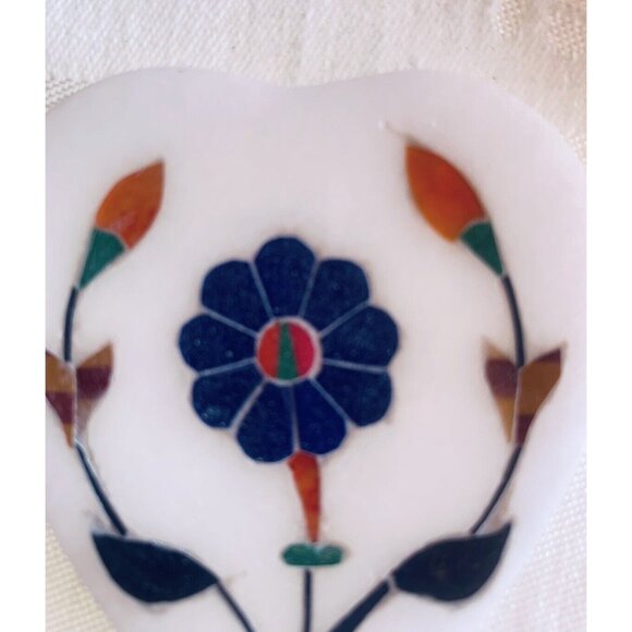 Marble Inlaid Stone Trinket Box India Vintage Heart Shaped Flower Valentines - Picture 7 of 8